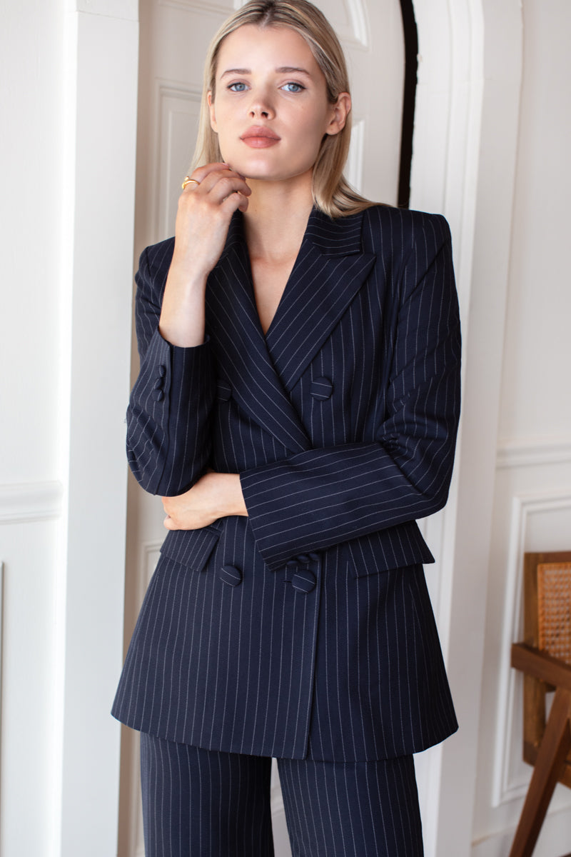 Strong Shoulder Blazer - Navy Pinstripe