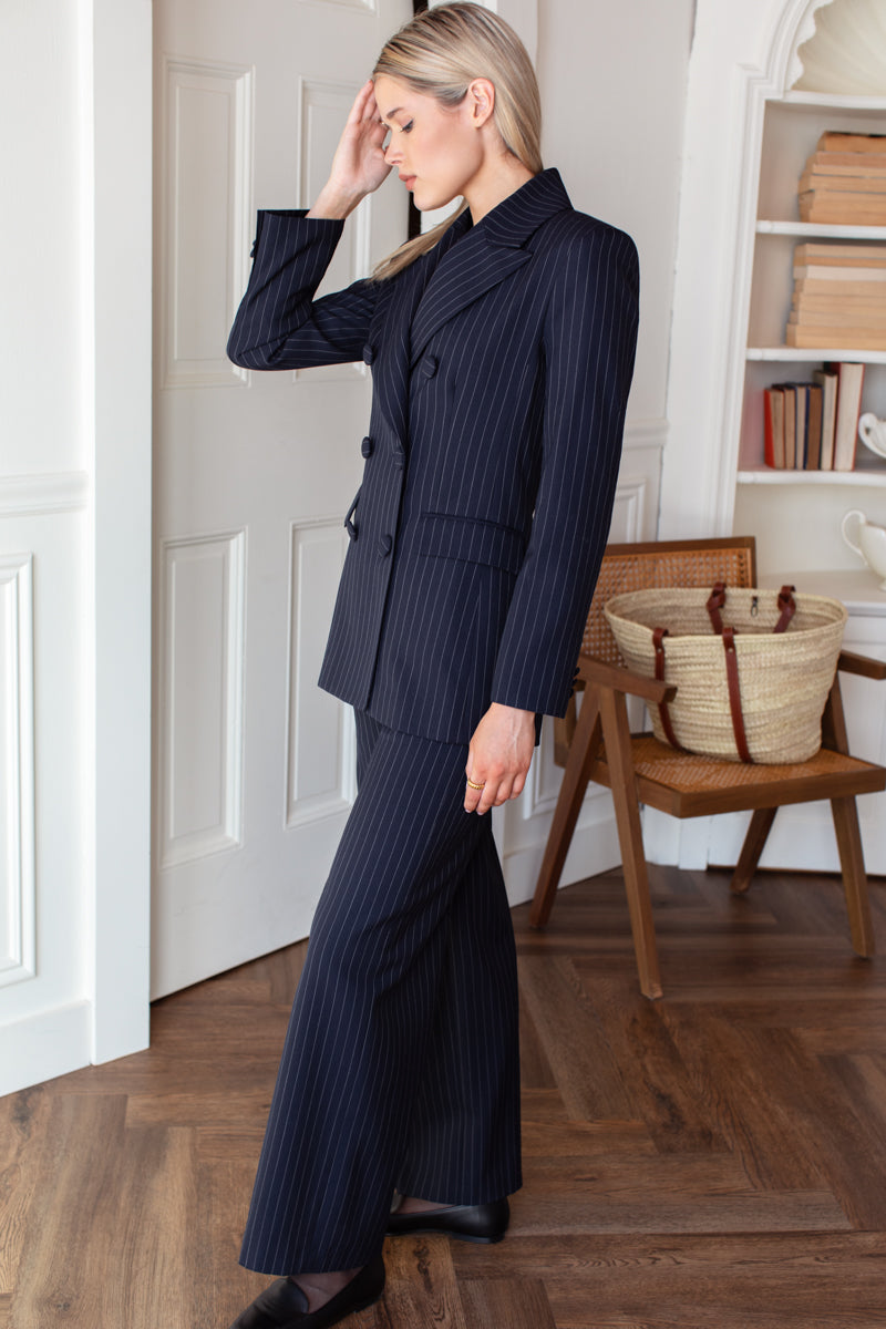 Darted Wide Leg Trouser - Navy Pinstripe