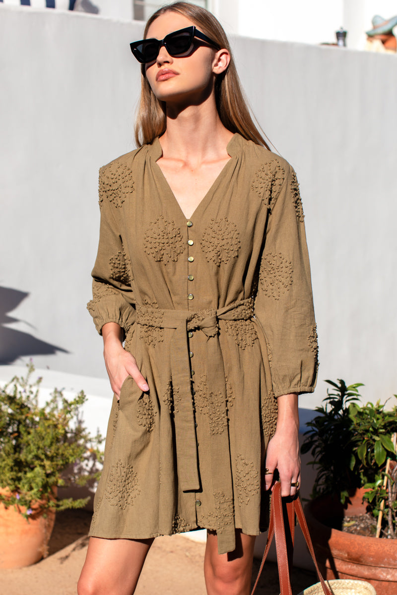 Blouson Dress - French Knot Floral Gothic Olive