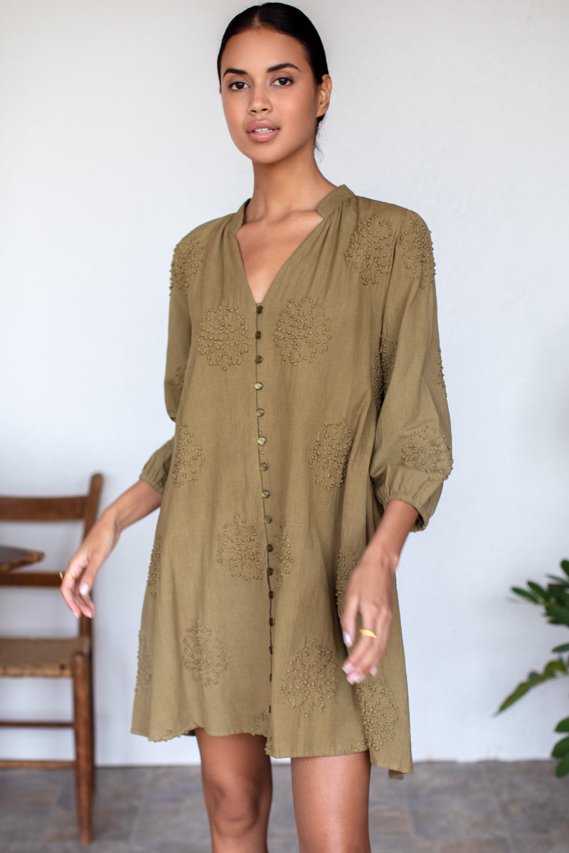 Blouson Dress - French Knot Floral Gothic Olive