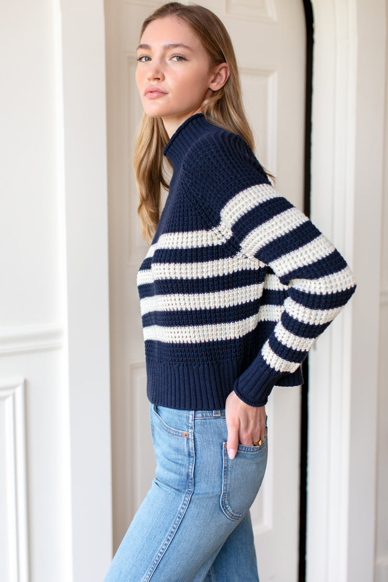 Boxy Funnel Neck Sweater - Navy + Ivory Stripe