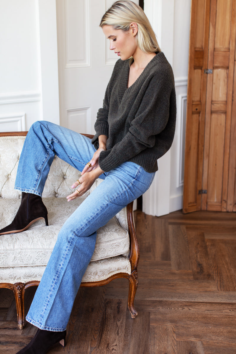 Boxy V Neck Sweater - Olive Wool