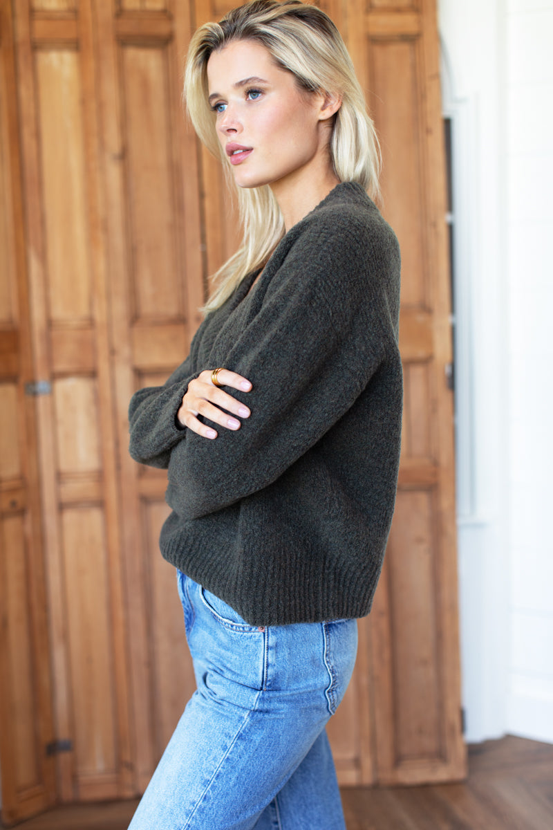 Boxy V Neck Sweater - Olive Wool