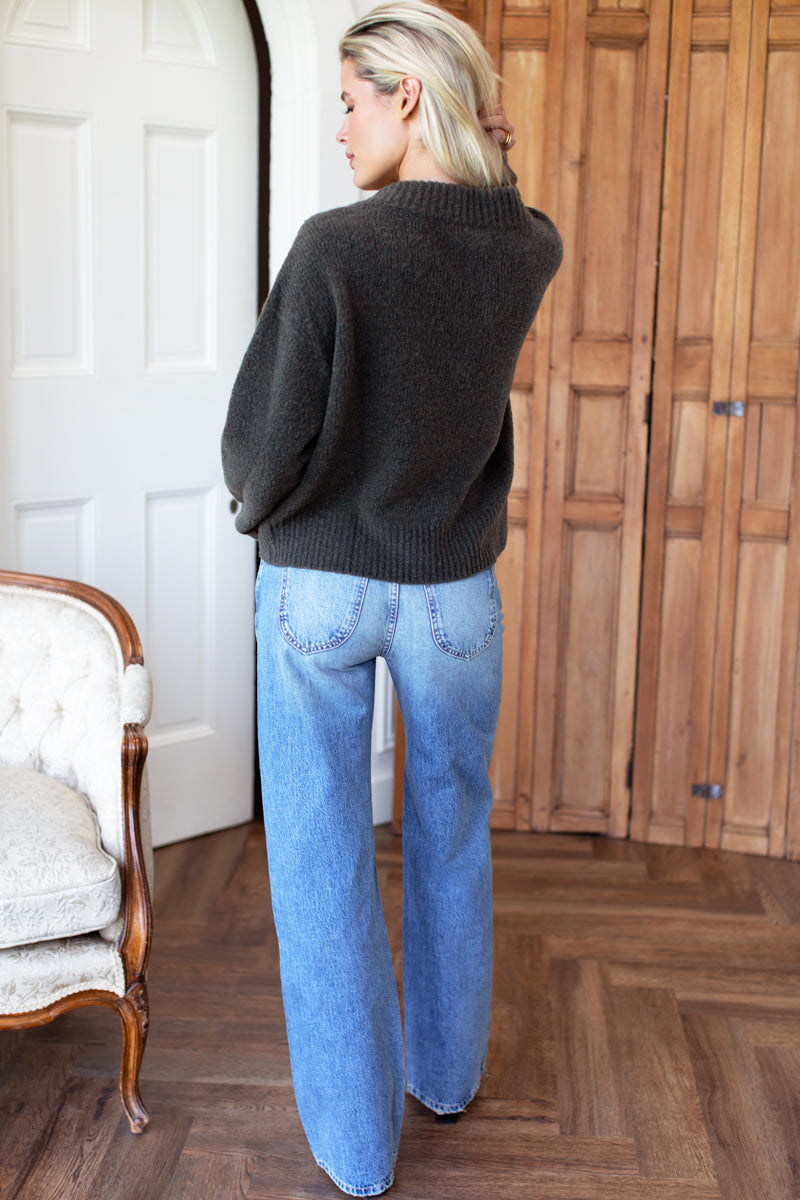 Boxy V Neck Sweater - Olive Wool