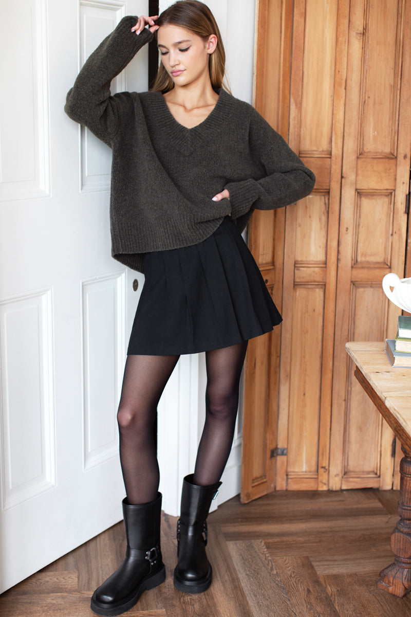 Boxy V Neck Sweater - Olive Wool