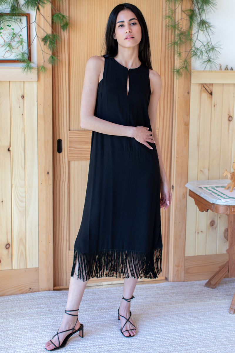 Cut Out Fringe Midi Dress - Black