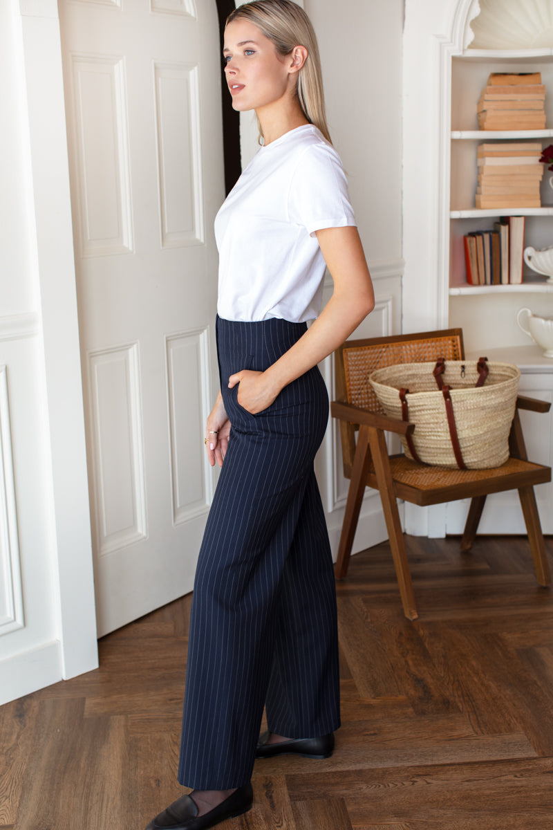 Darted Wide Leg Trouser - Navy Pinstripe