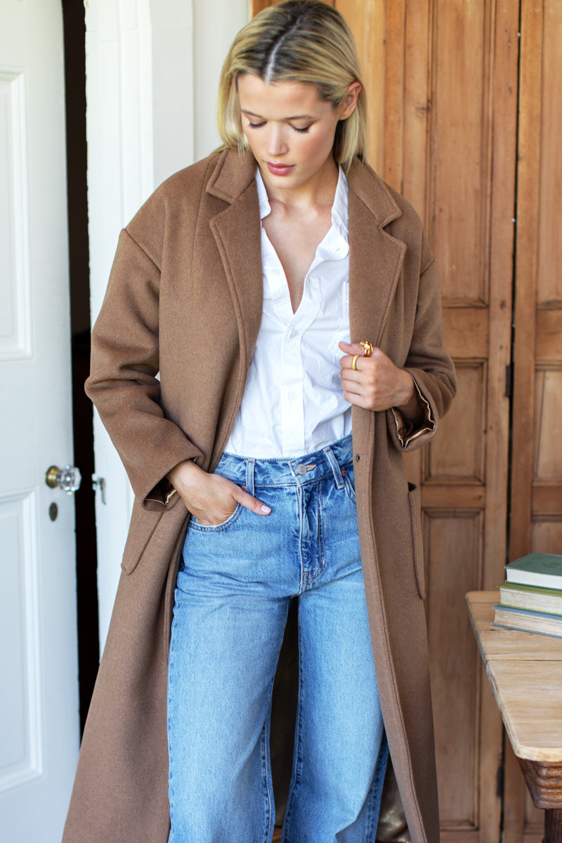 Drop Shoulder Long Coat - Saddle Brown