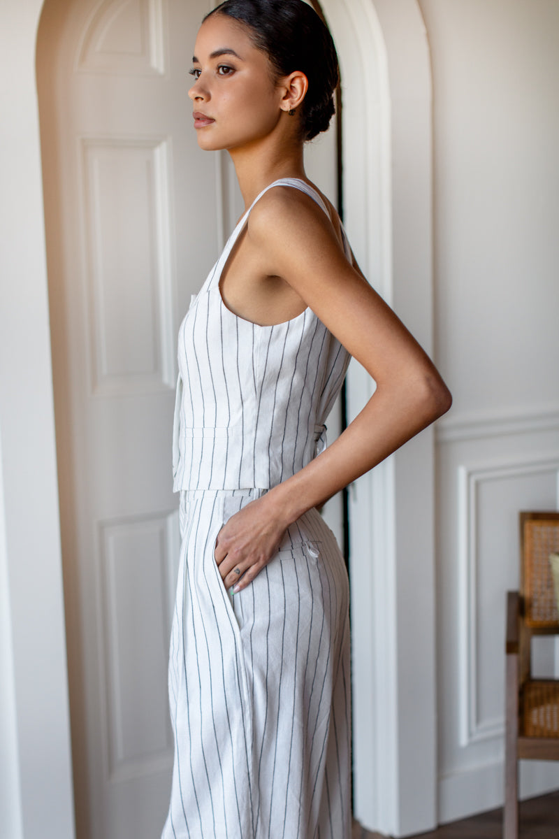 Essential Pleated Pant - Ivory Charcoal Pinstripe