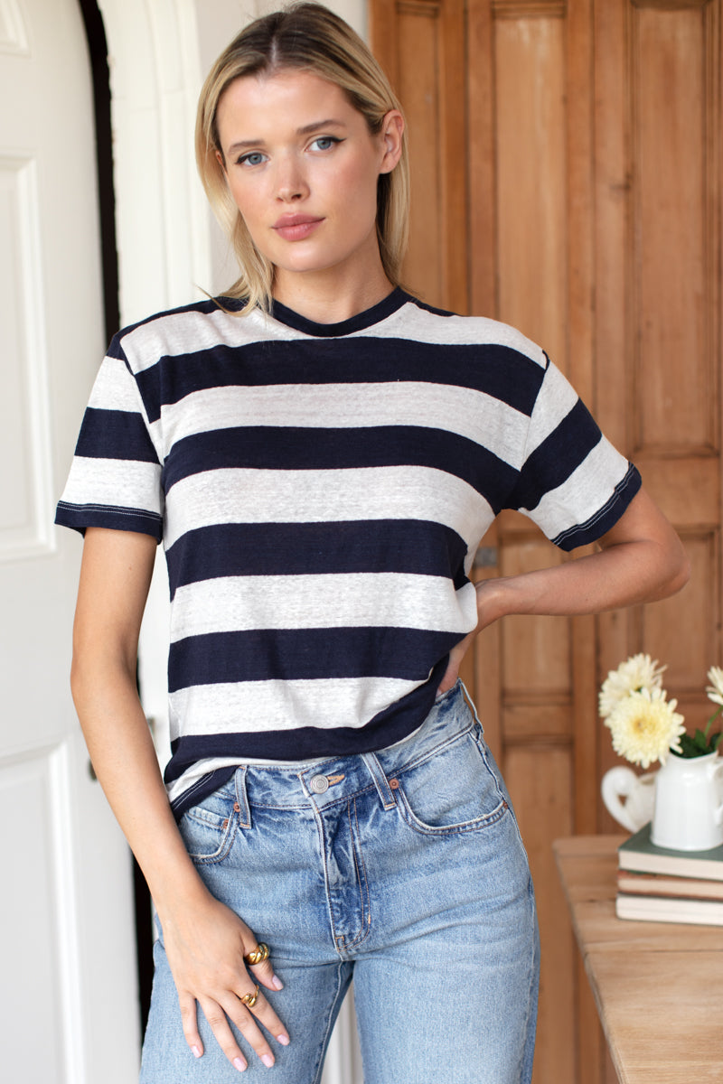Essential Short Sleeve Crew - Wide Navy Stripe