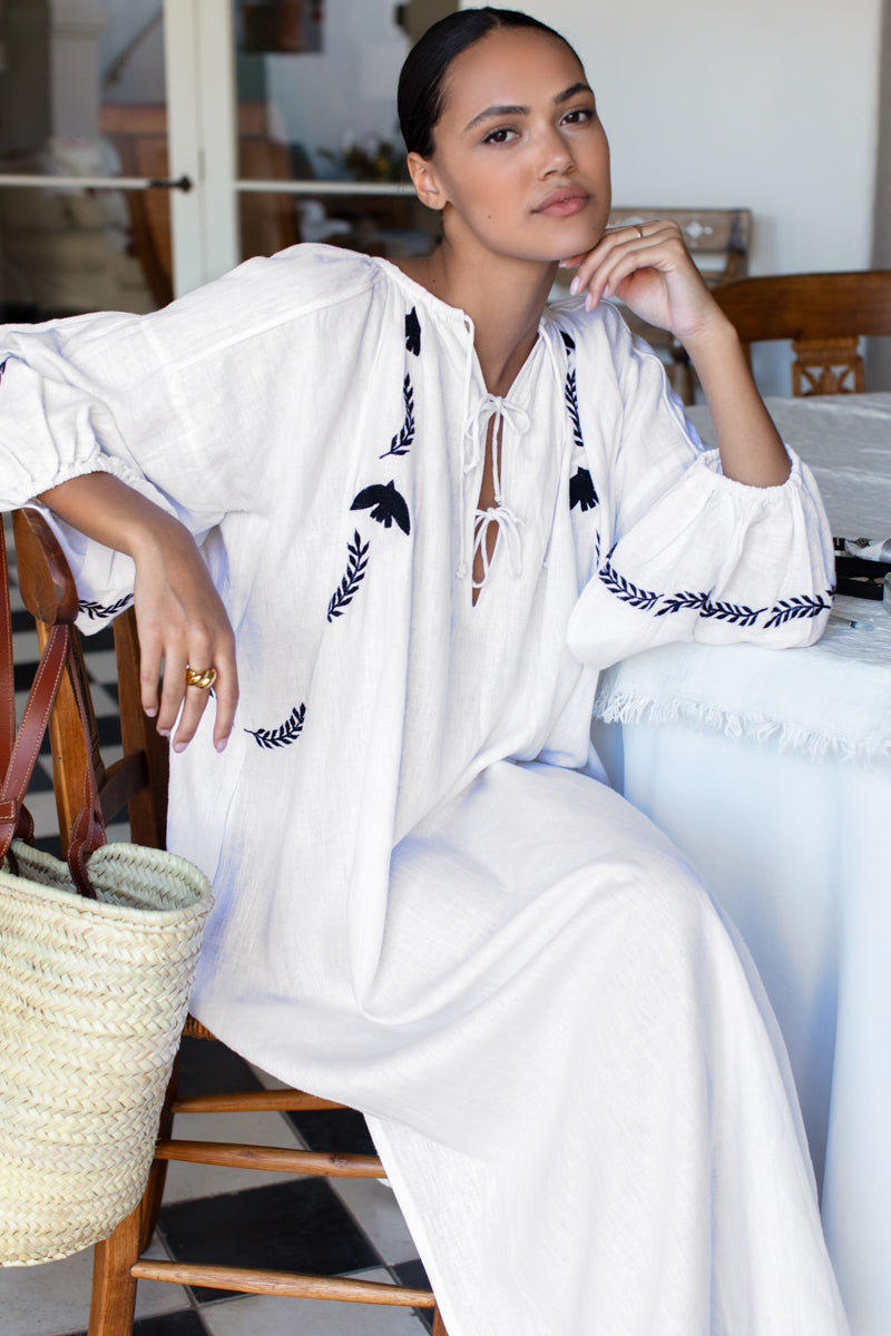 Folk Maxi Dress - White Dove Embroidery Linen