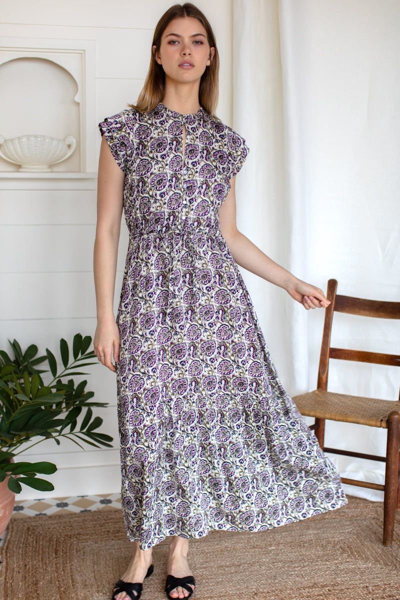 Frances 3 Frill Dress - Aubergine Vines