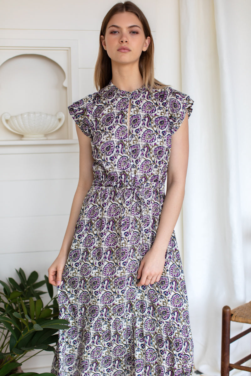 Frances 3 Frill Dress - Aubergine Vines