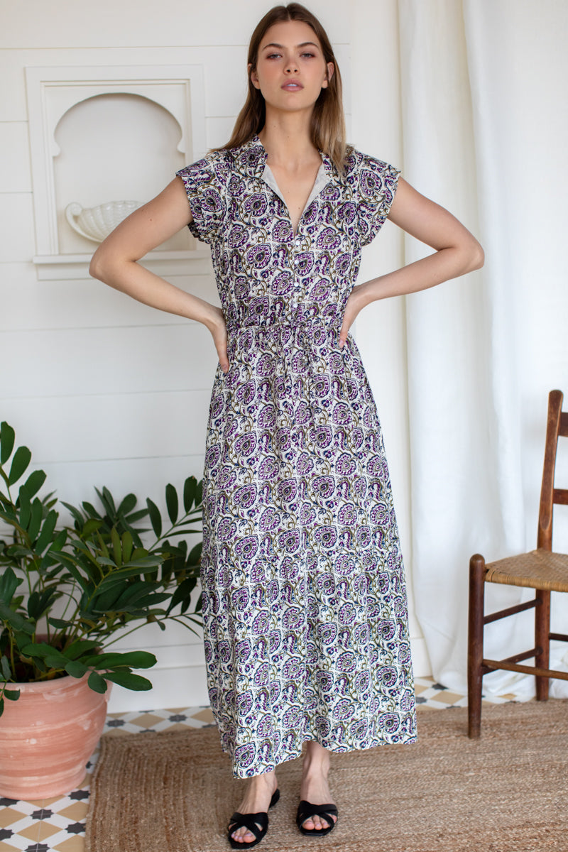 Frances 3 Frill Dress - Aubergine Vines
