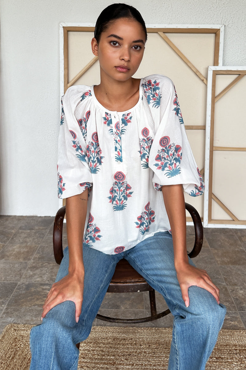 Frances Blouse 2 - Teal + Carnelian Market Flowers Organic