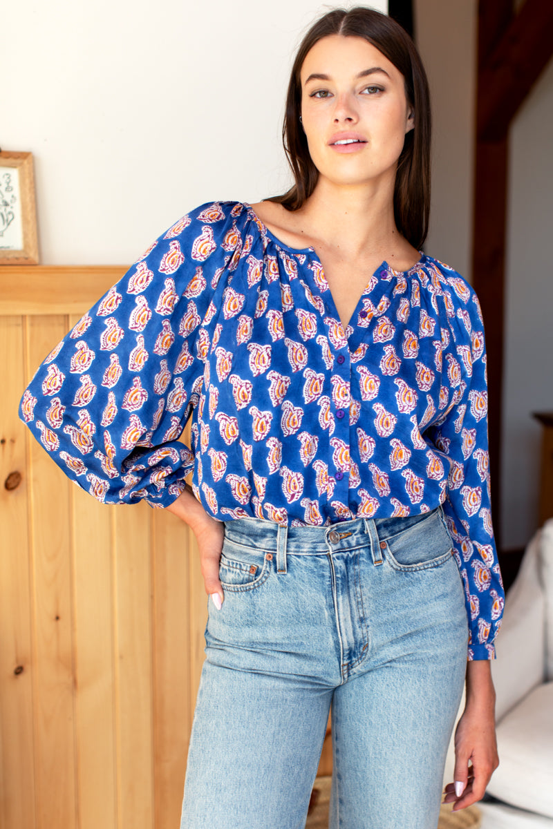 Frances Blouse - Blue Paisley Flowers