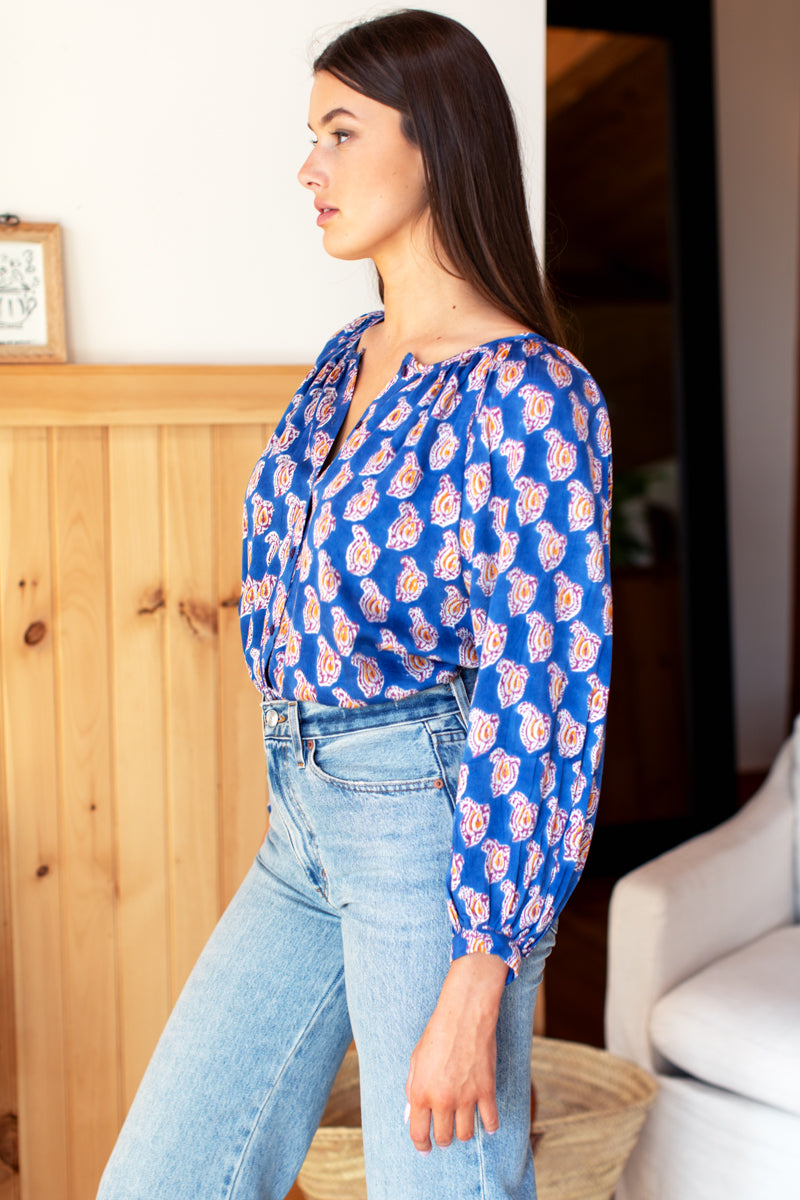 Frances Blouse - Blue Paisley Flowers