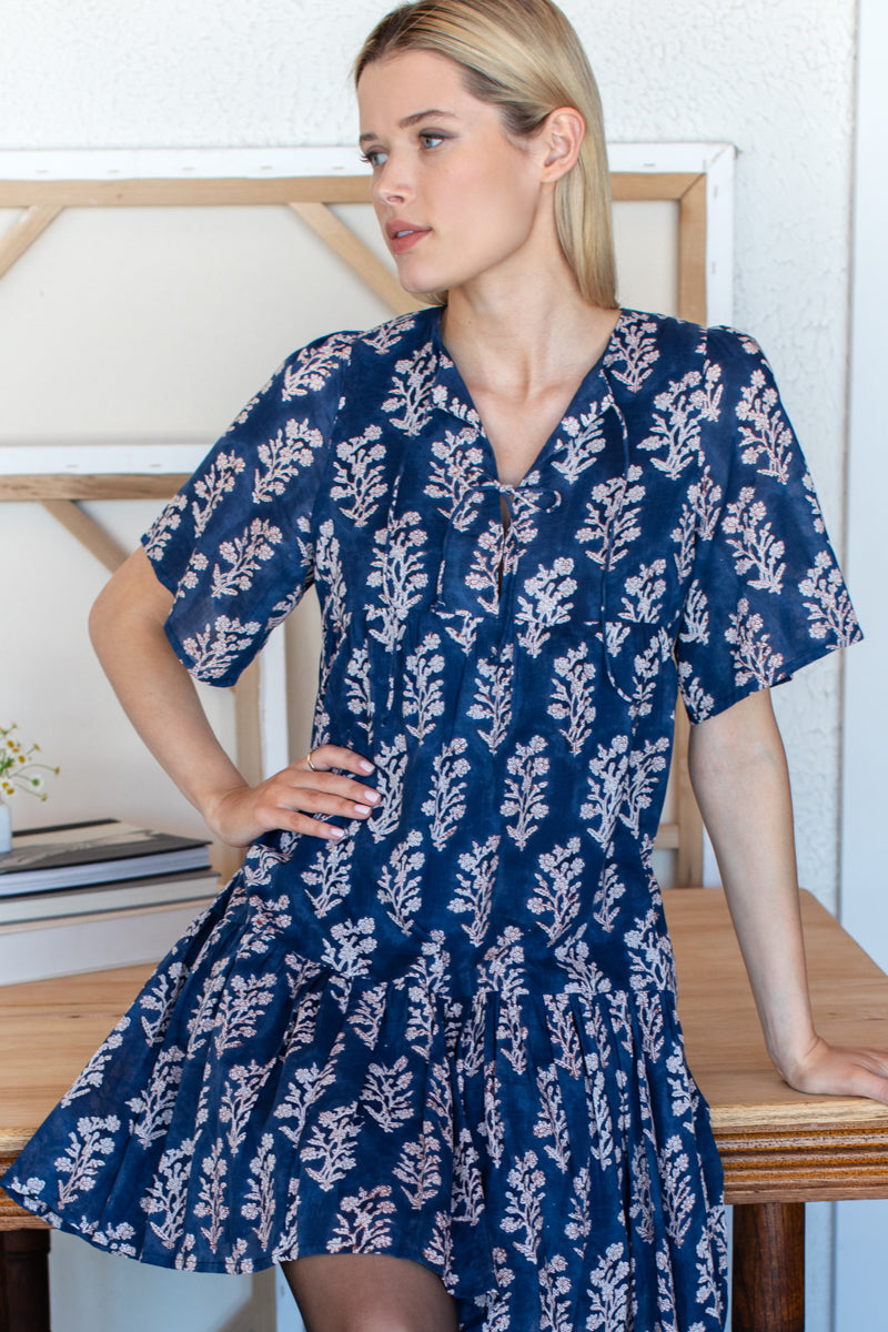 Isla Dress 2 - Pressed Flowers Blue Organic