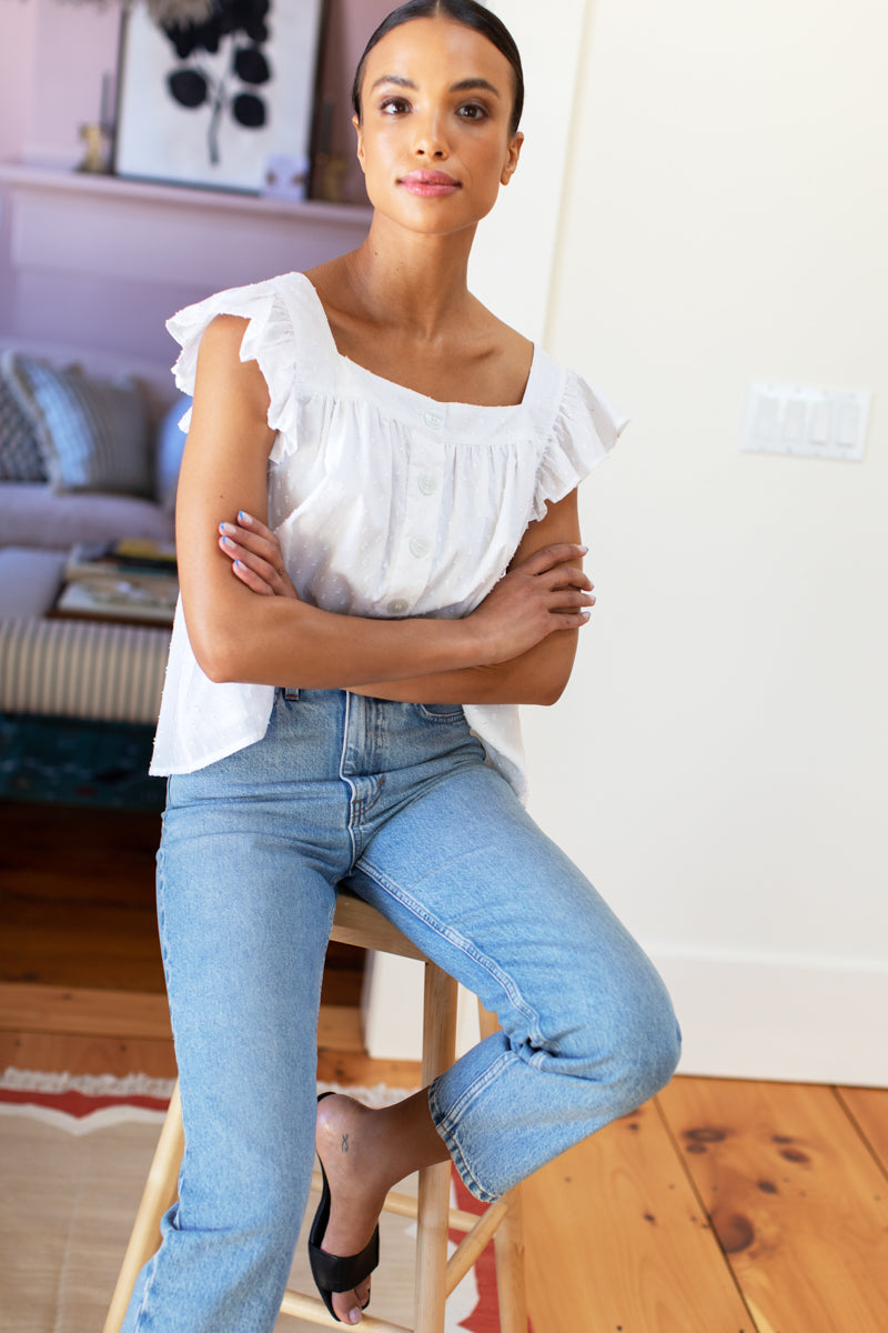 Laurent Flutter Top - Swiss Dot White Organic