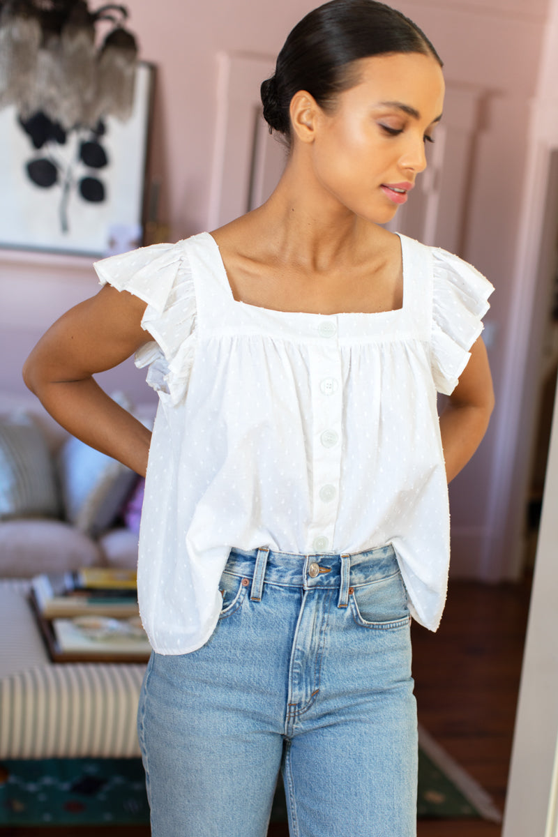 Laurent Flutter Top - Swiss Dot White Organic