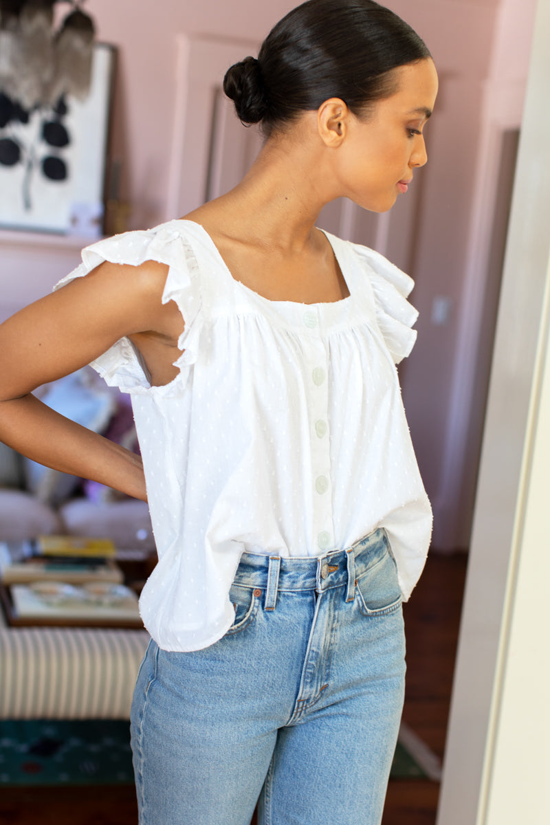 Laurent Flutter Top - Swiss Dot White Organic