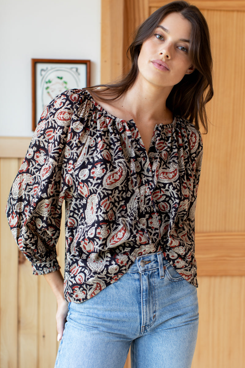 Lucy 2 Blouse - Paisley Black + Clay Satin