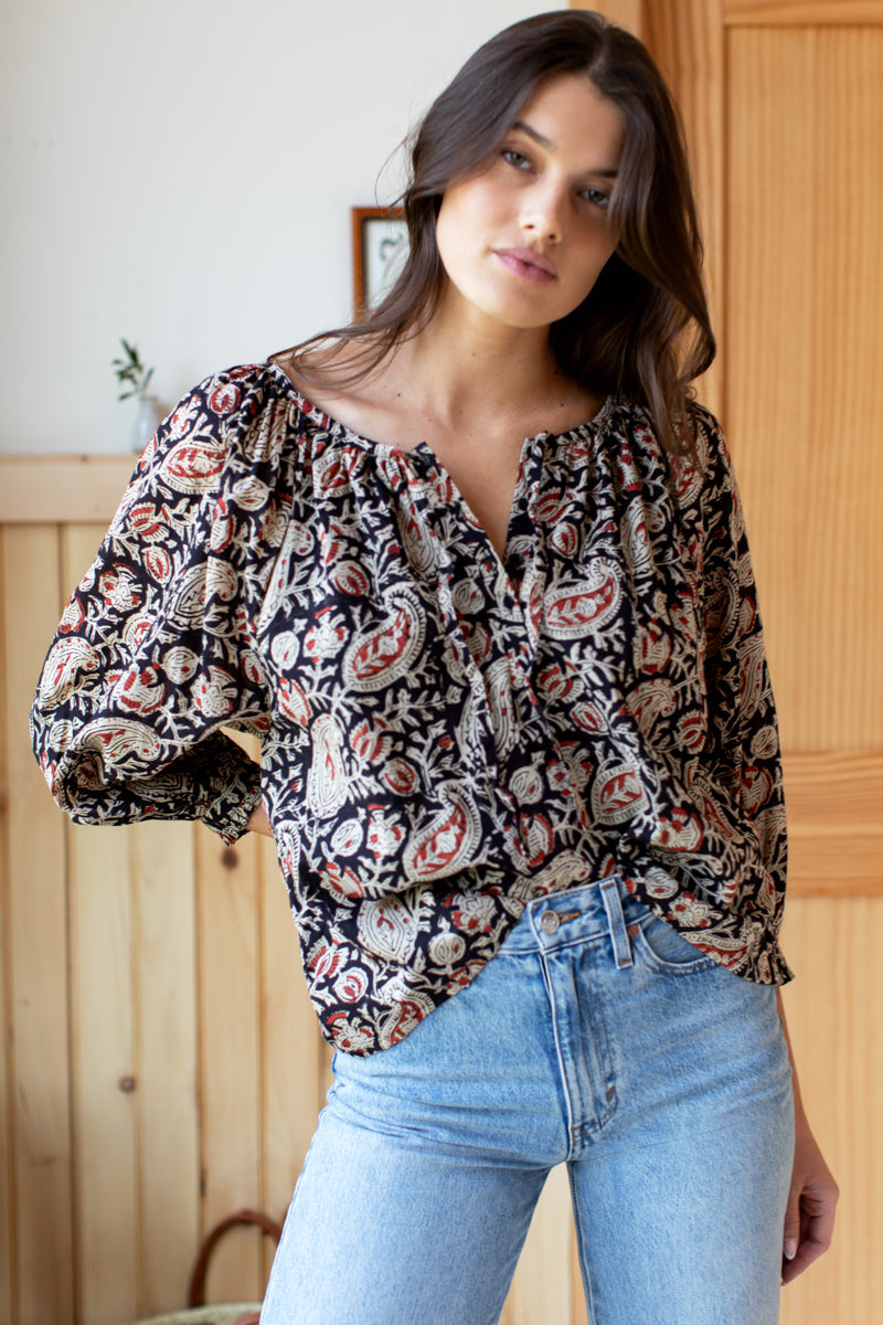Lucy 2 Blouse - Paisley Black + Clay Satin