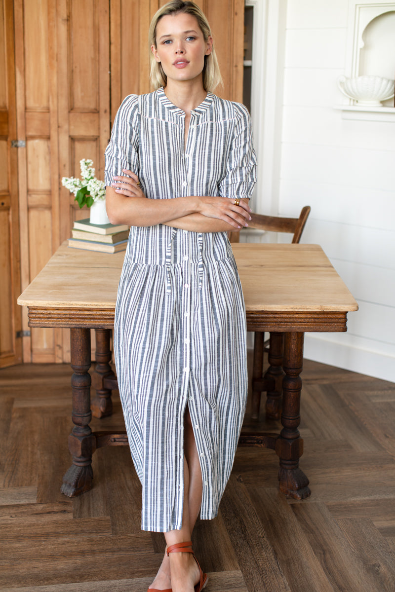 Lucy 4 Basque Dress - Aradonis Stripe Storm Grey