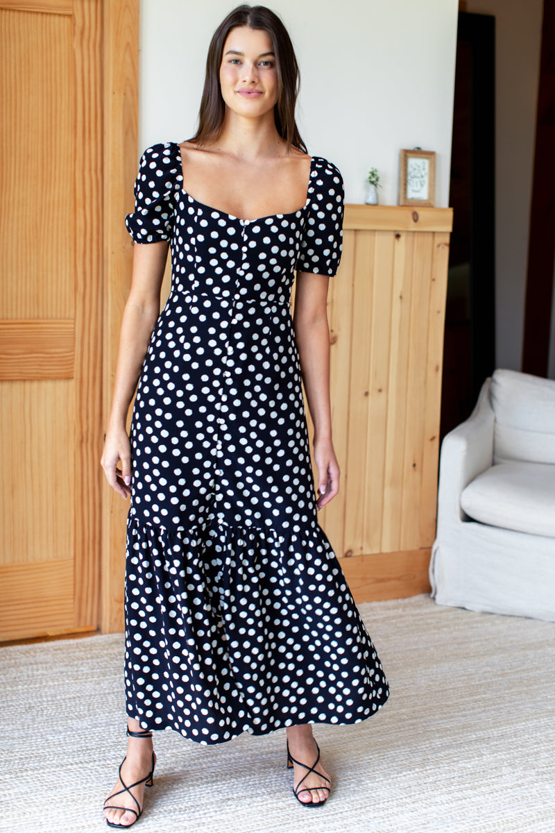 Luie Maxi Dress - Handpainted Dots Black + Ivory