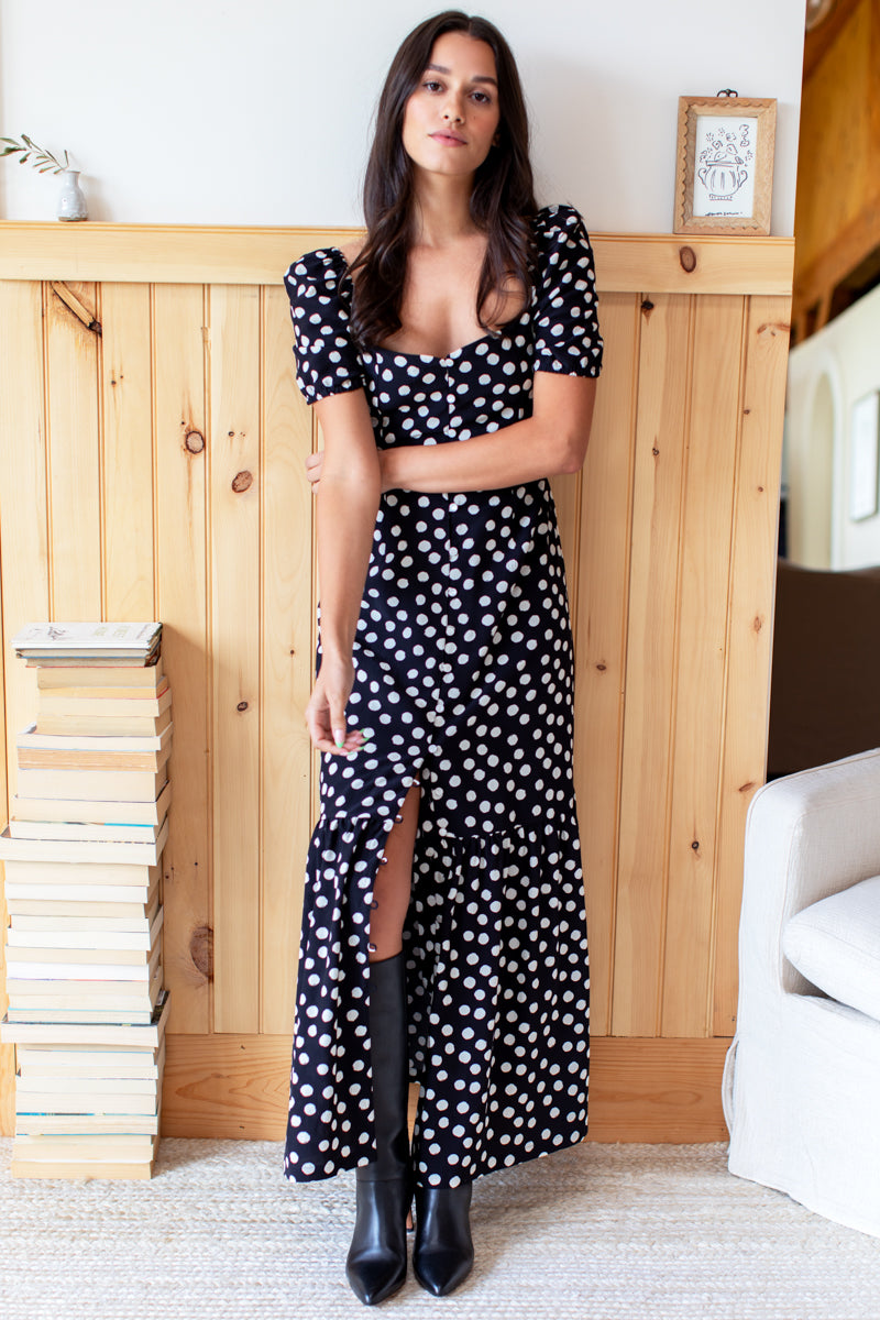 Luie Maxi Dress - Handpainted Dots Black + Ivory