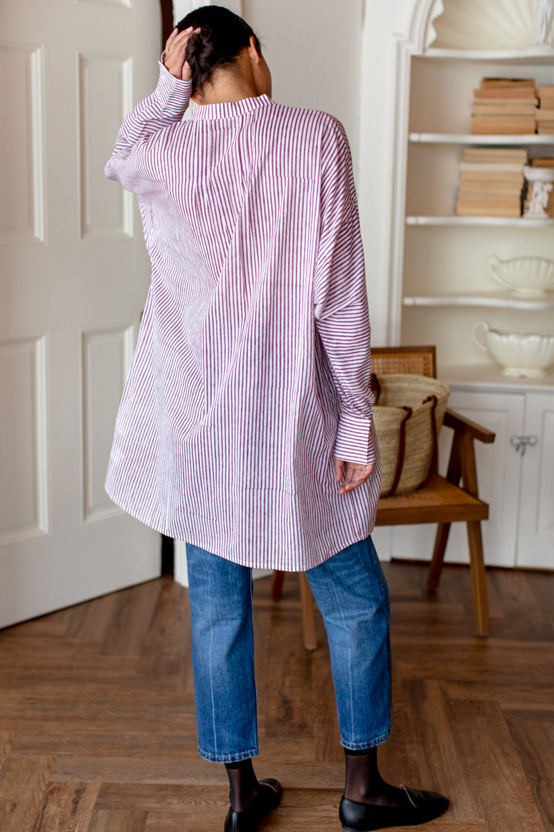 Mandarin Collar Shirtdress - Crushed Berry Stripe Organic