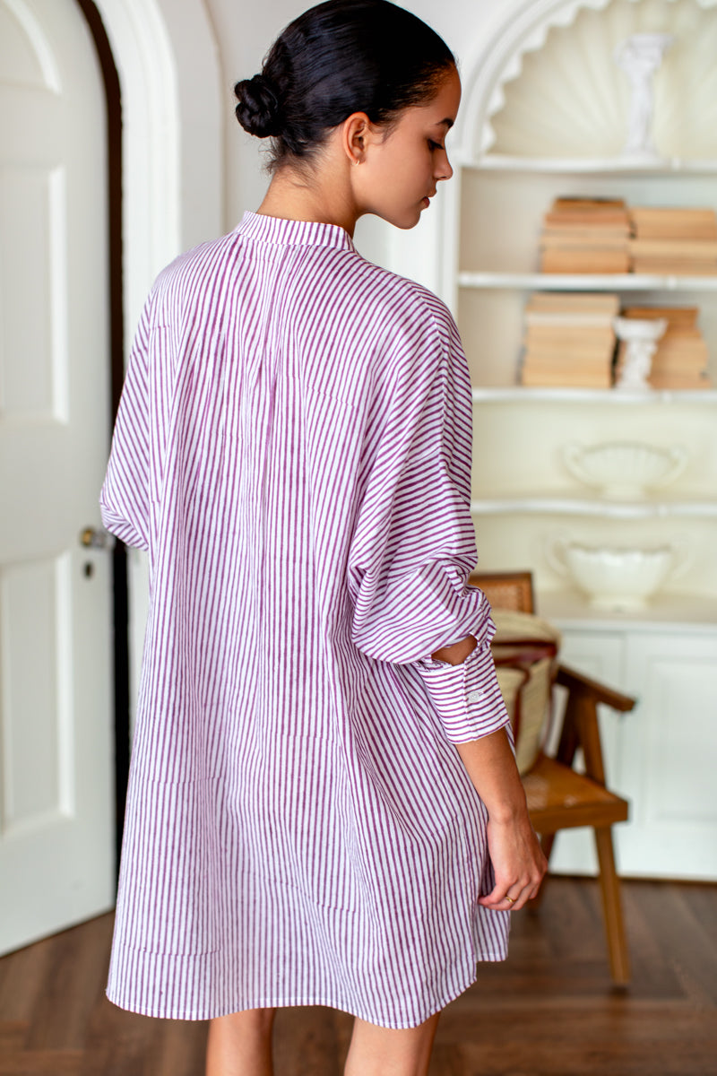 Mandarin Collar Shirtdress - Crushed Berry Stripe Organic
