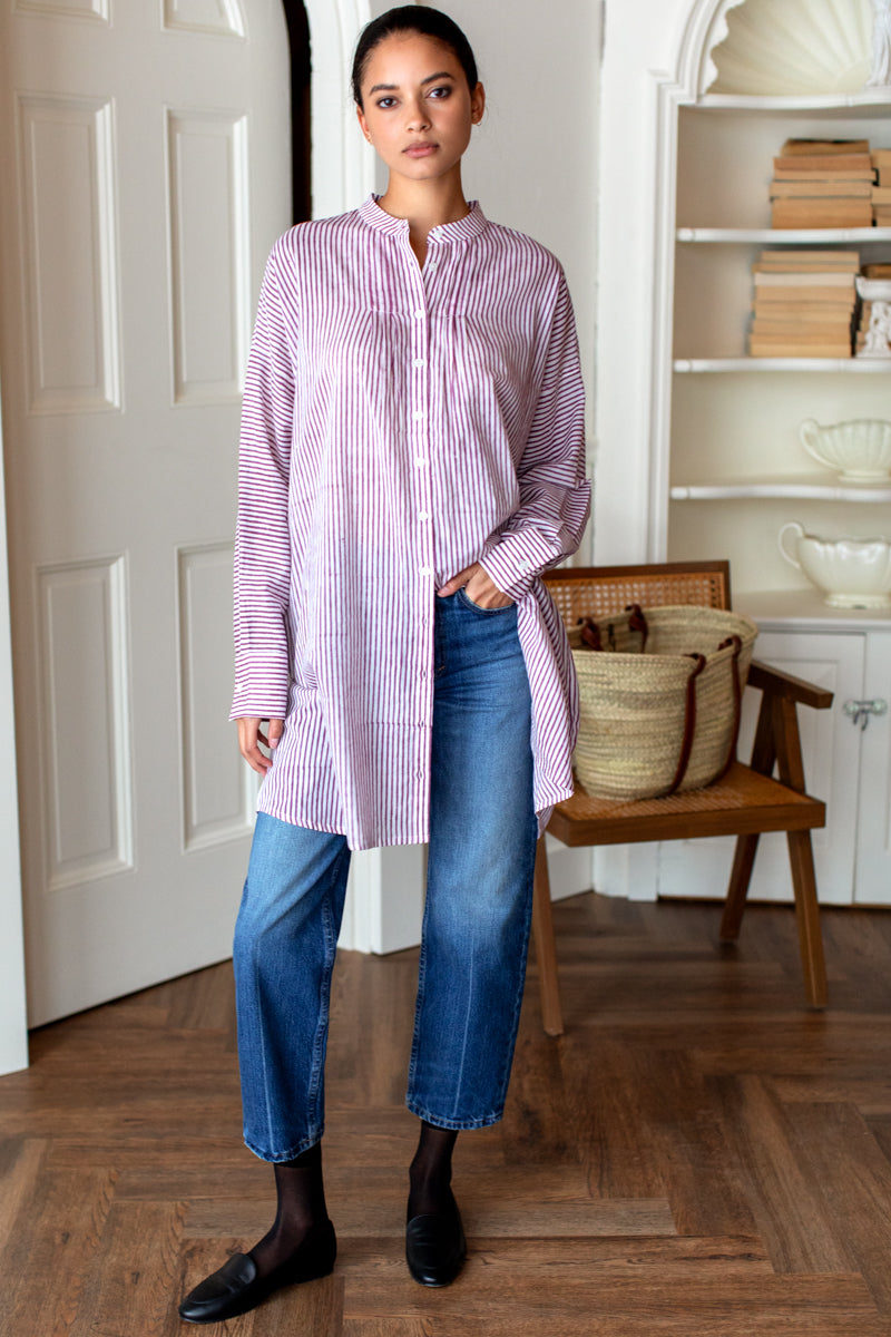 Mandarin Collar Shirtdress - Crushed Berry Stripe Organic