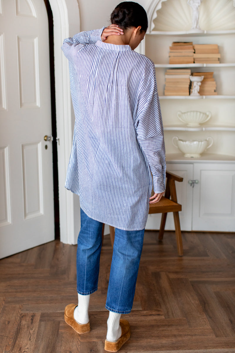 Mandarin Collar Shirtdress - Blue Indigo Stripe Organic