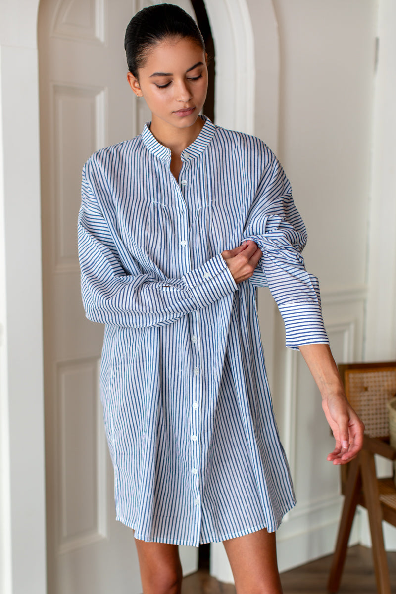 Mandarin Collar Shirtdress - Blue Indigo Stripe Organic