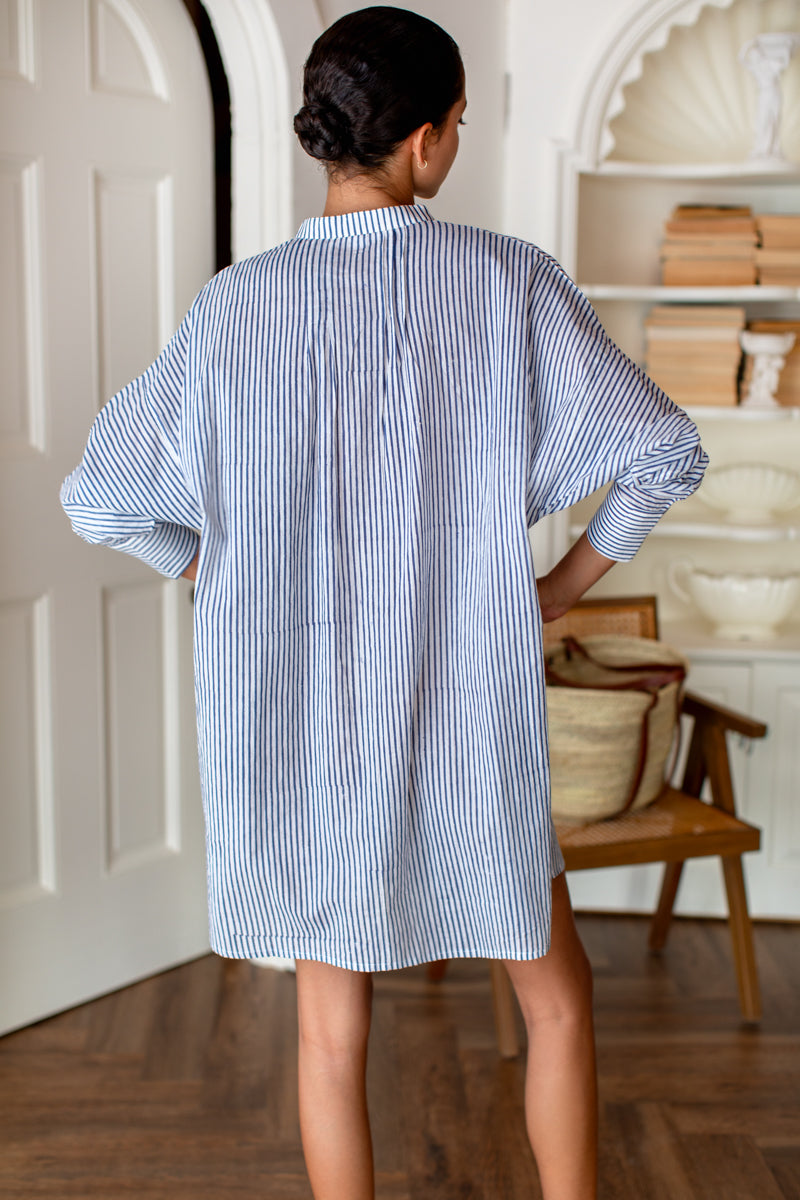 Mandarin Collar Shirtdress - Blue Indigo Stripe Organic