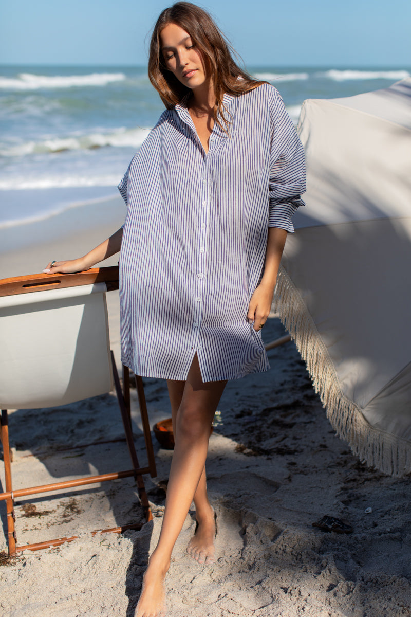 Mandarin Collar Shirtdress - Blue Indigo Stripe Organic