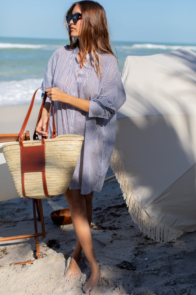 Mandarin Collar Shirtdress - Blue Indigo Stripe Organic