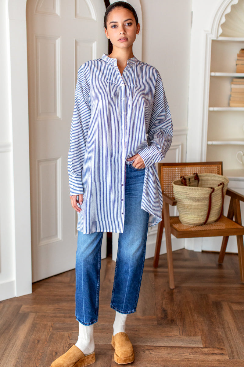 Mandarin Collar Shirtdress - Blue Indigo Stripe Organic