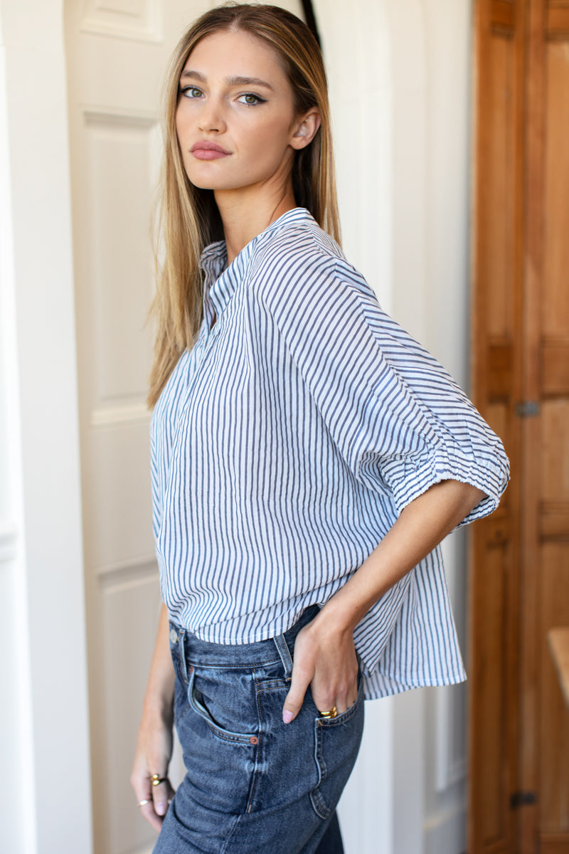 Mandarin Collar Top - Indigo Stripe Organic