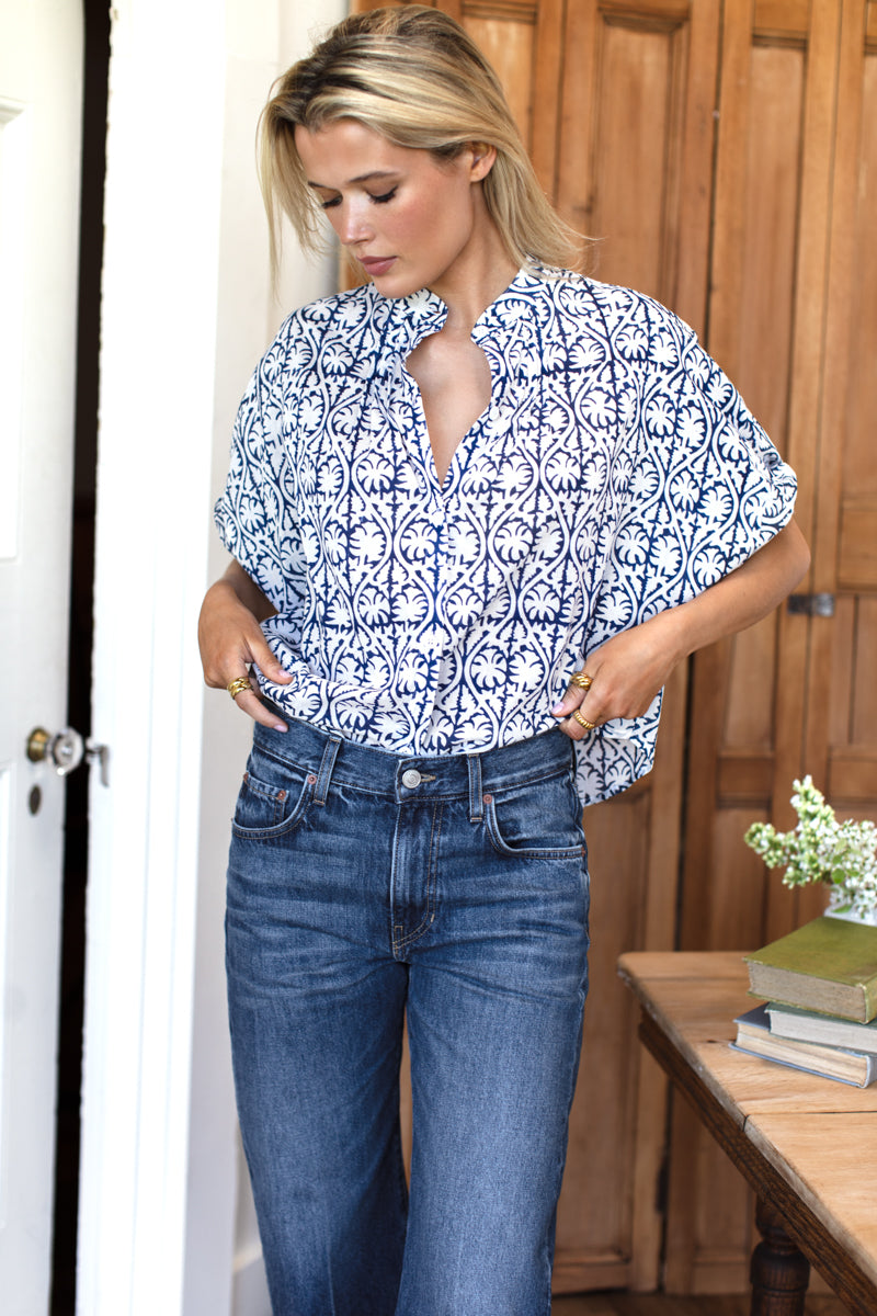 Mandarin Collar Top - Etoile Vine Indigo Organic