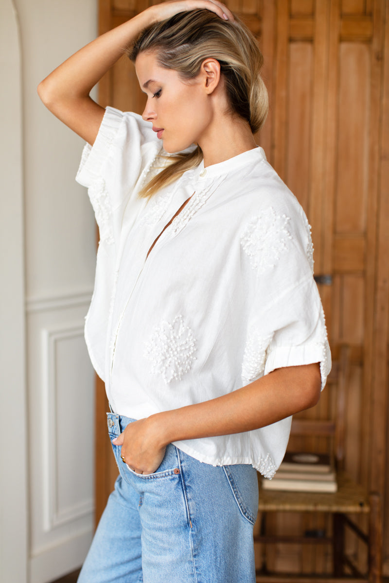 Mandarin Collar Top - French Knot Floral Ivory