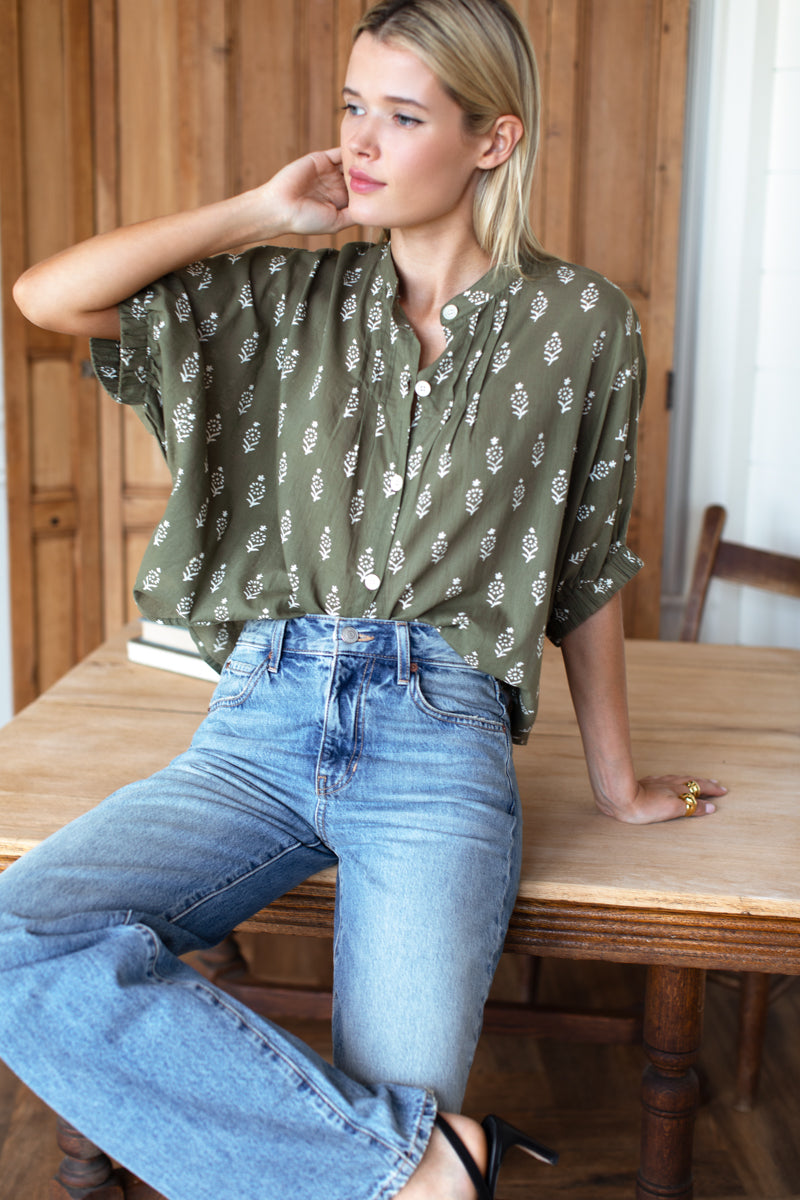 Mandarin Collar Top - Marguerite 2 Gothic Olive Organic