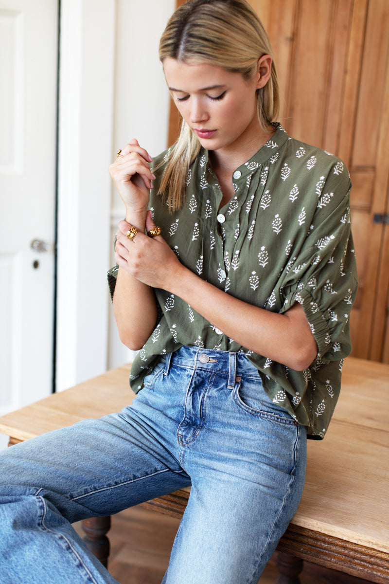 Mandarin Collar Top - Marguerite 2 Gothic Olive Organic