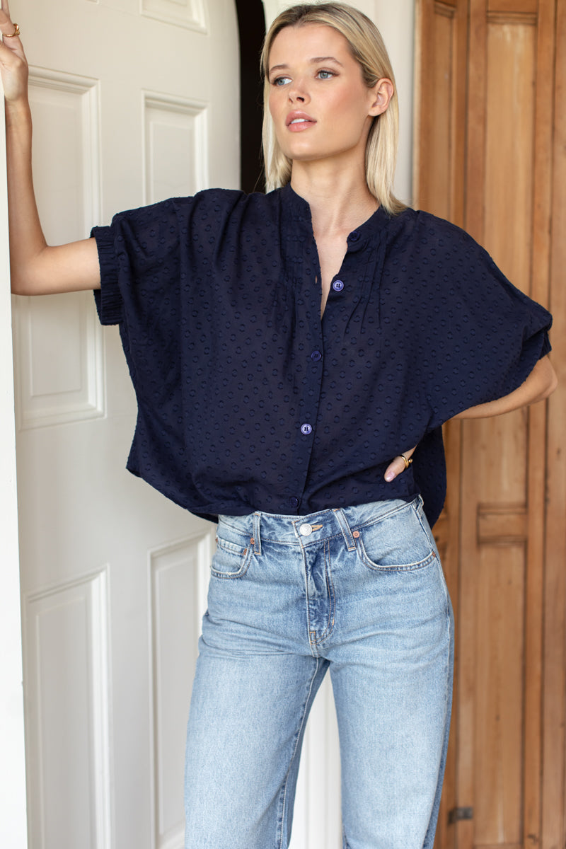 Mandarin Collar Top - Maritime Swiss Dot Organic