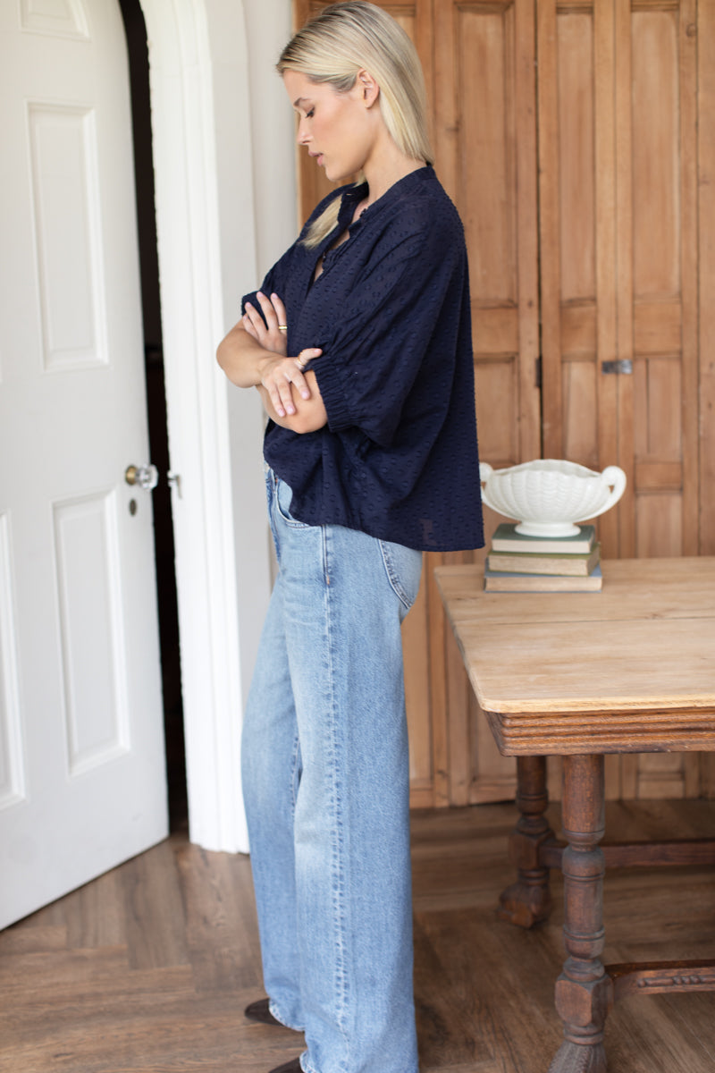 Mandarin Collar Top - Maritime Swiss Dot Organic