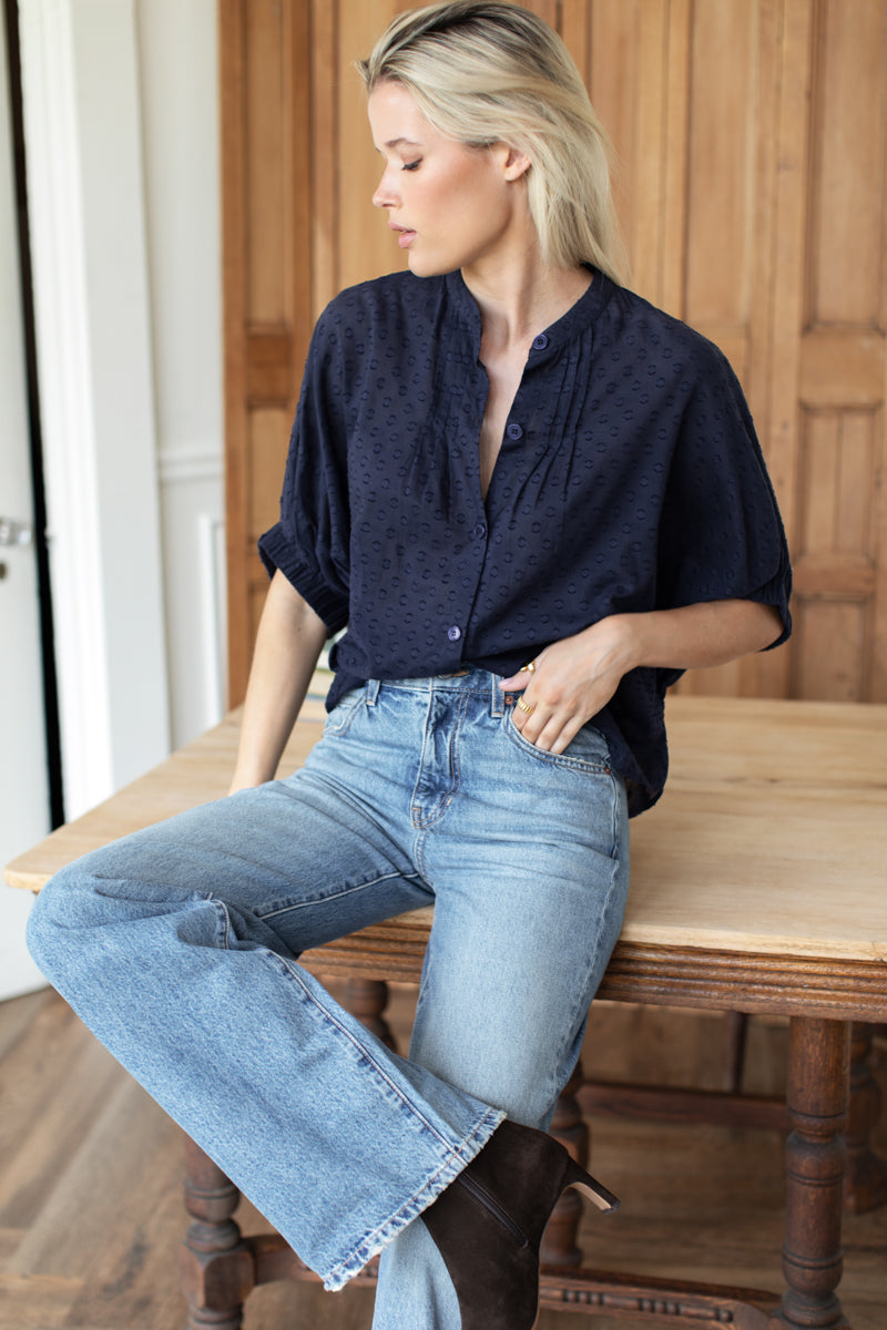 Mandarin Collar Top - Maritime Swiss Dot Organic