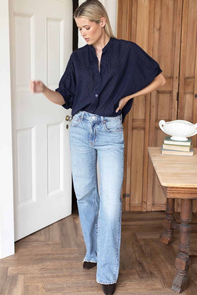 Mandarin Collar Top - Maritime Swiss Dot Organic