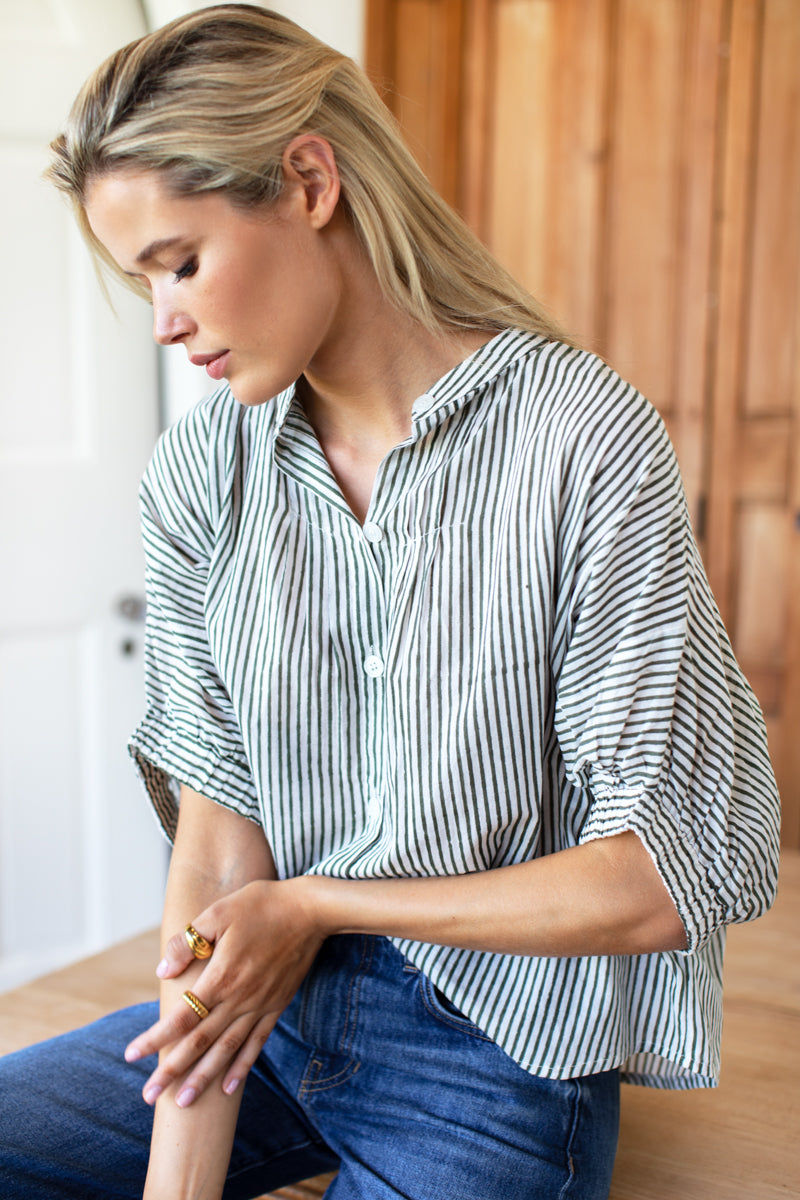 Mandarin Collar Top - Moss Stripe Organic