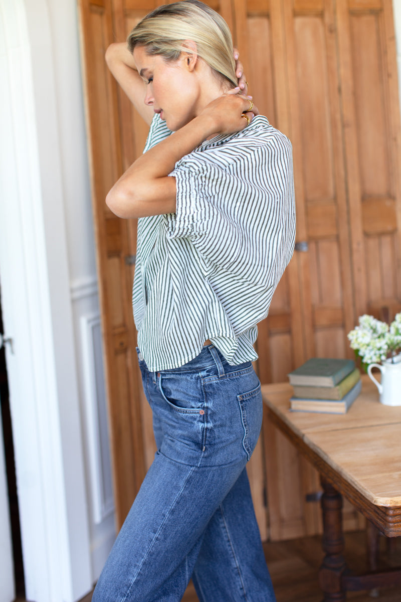 Mandarin Collar Top - Moss Stripe Organic